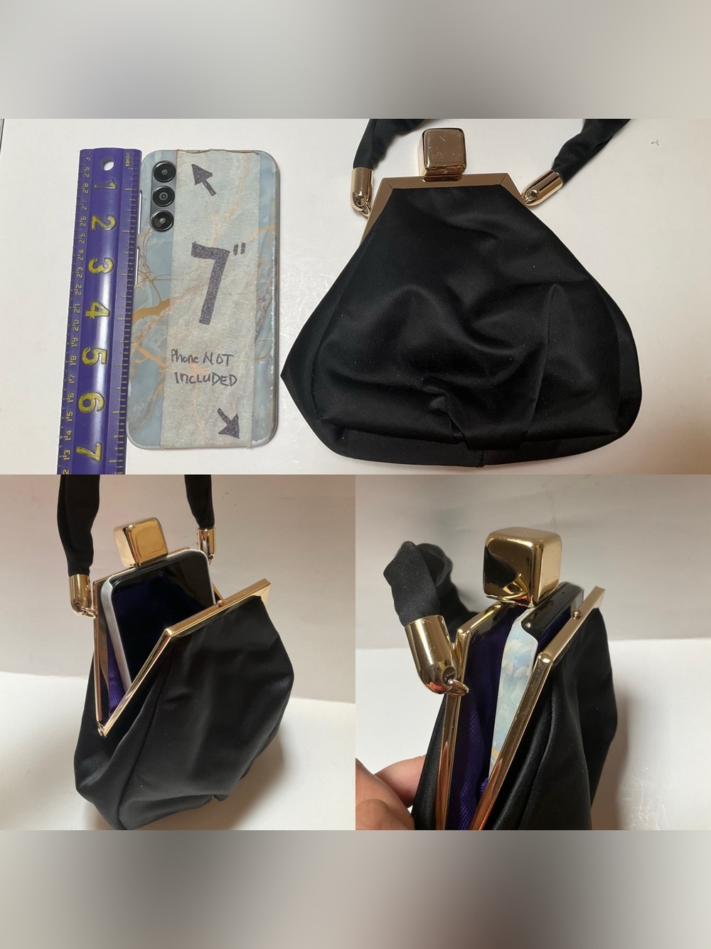 Little Black Pocketbook Purse Evening Bag Acetate Satin Handbag Elegant Clutch - Picture 12 of 12